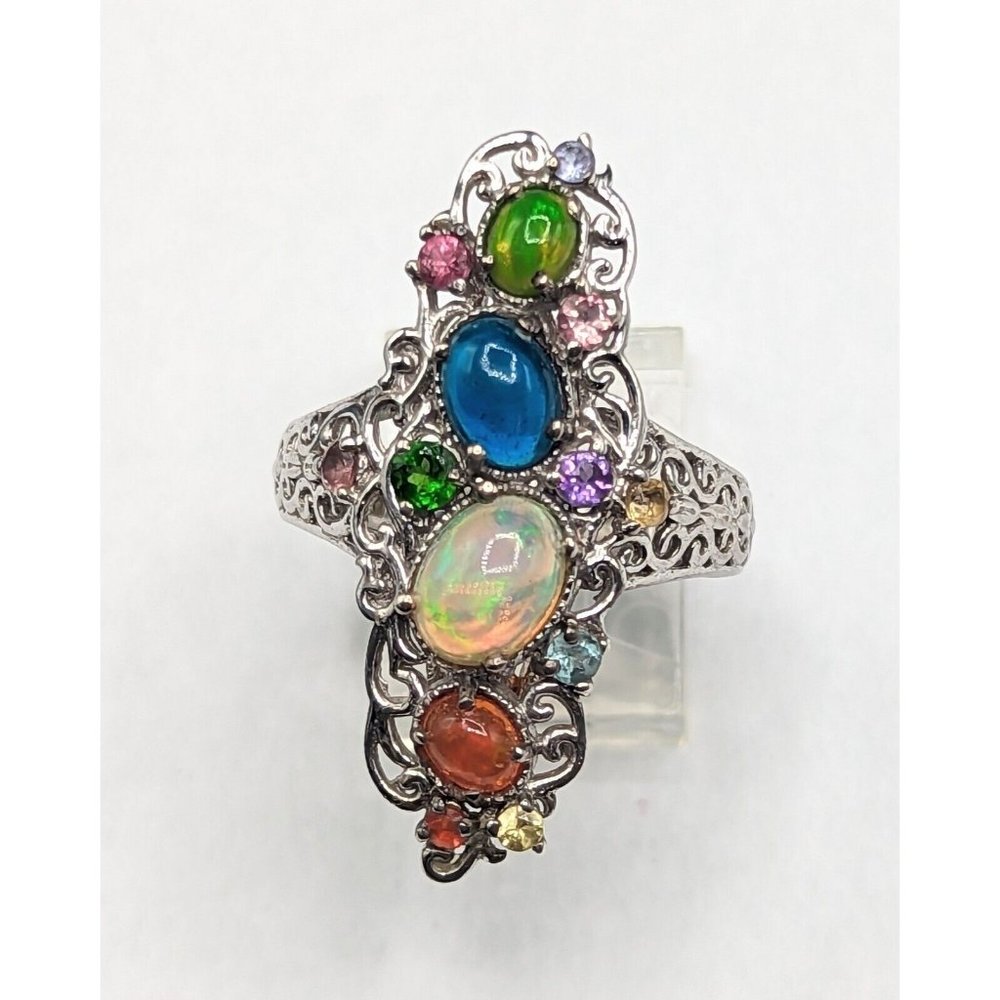 Sterling Silver 925 Multicolor Gemstone Opal Cocktail Statement Ring Size 8